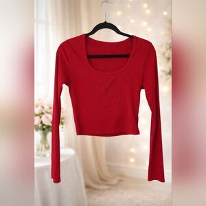 Red Ribbed Long Sleeve Top